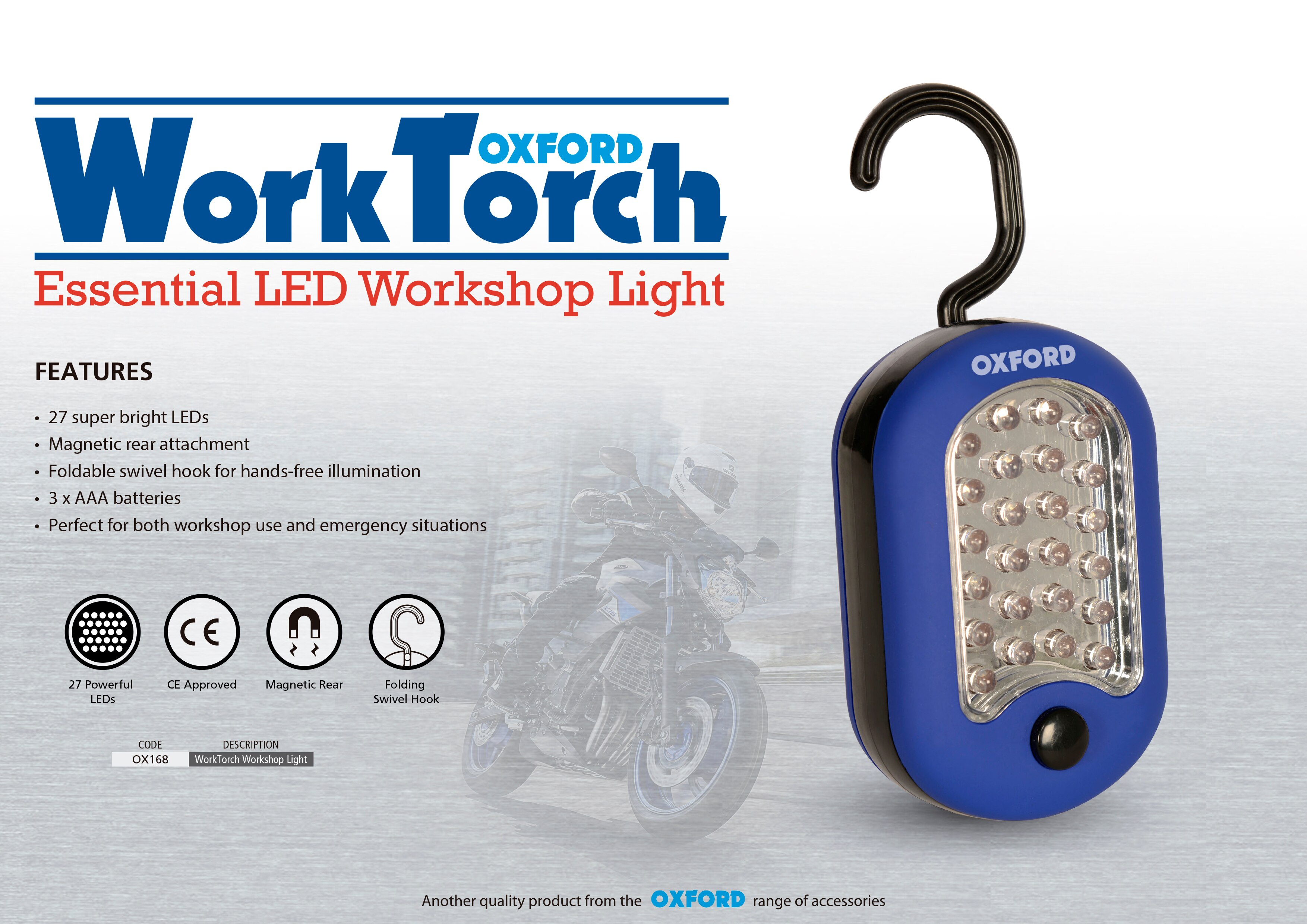 Oxford OX168 lanterne 27 LED Garage moto magnétique lampe de poche atelier lumière portable