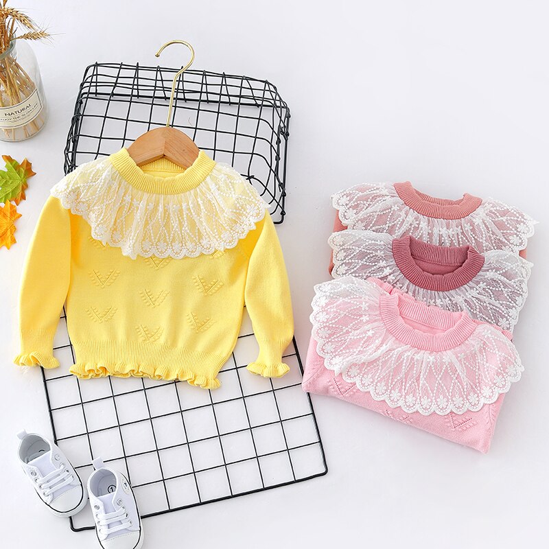 Patpat herfst en winter baby peuter meisje kant kraag geplooide effen gebreide trui kindermeisjeskleding