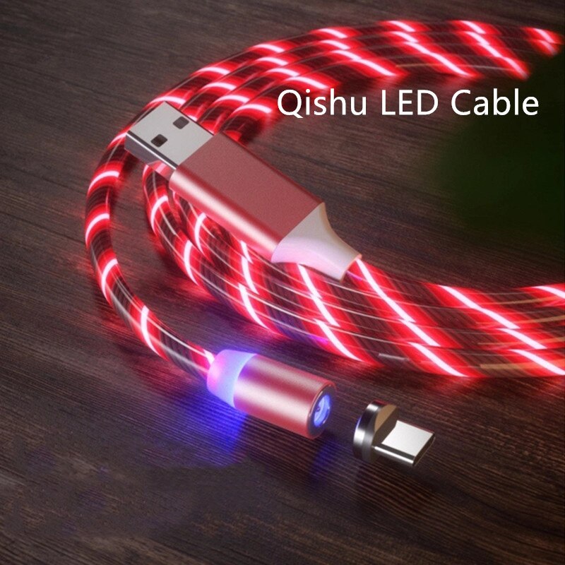 Qishu LED Lighting Fast Charging Magnetic USB Type C Cable Magnetic Cable USB Micro Charger Cable Wire for iPhone Huawei Samsun: red cable 1m / FO  mirco