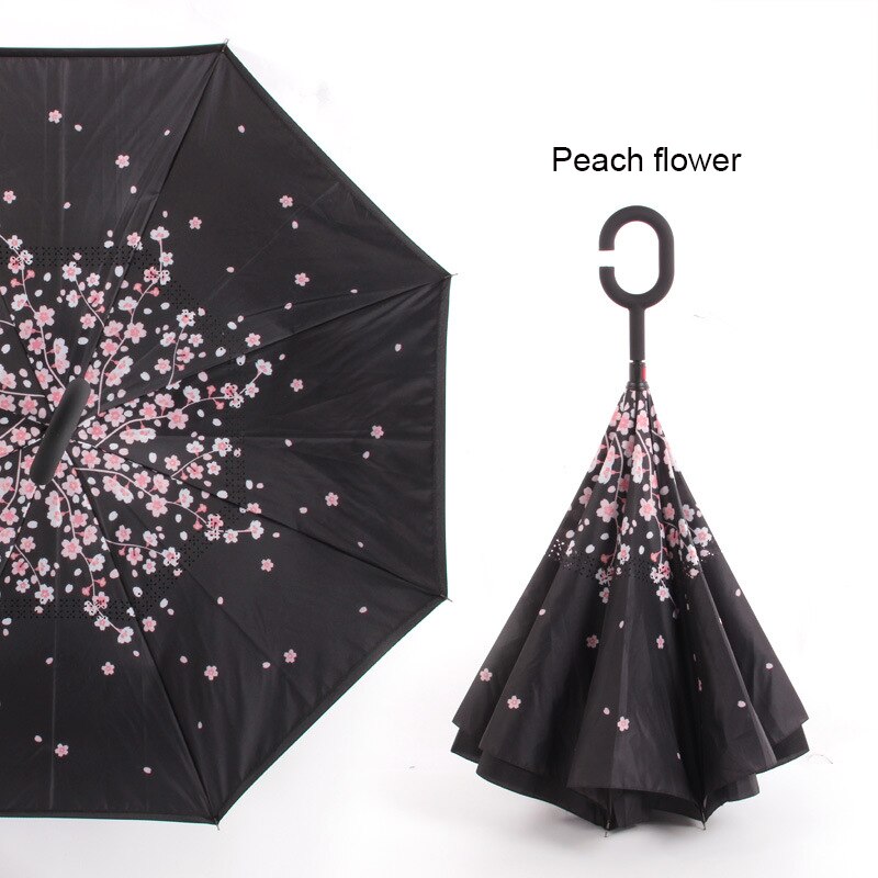 Paraguas plegable inverso resistente al viento, paraguas para hombre y mujer para lluvia y sol, paraguas con mango en C invertido, soporte autónomo para Anti UV de doble capa: peach flower