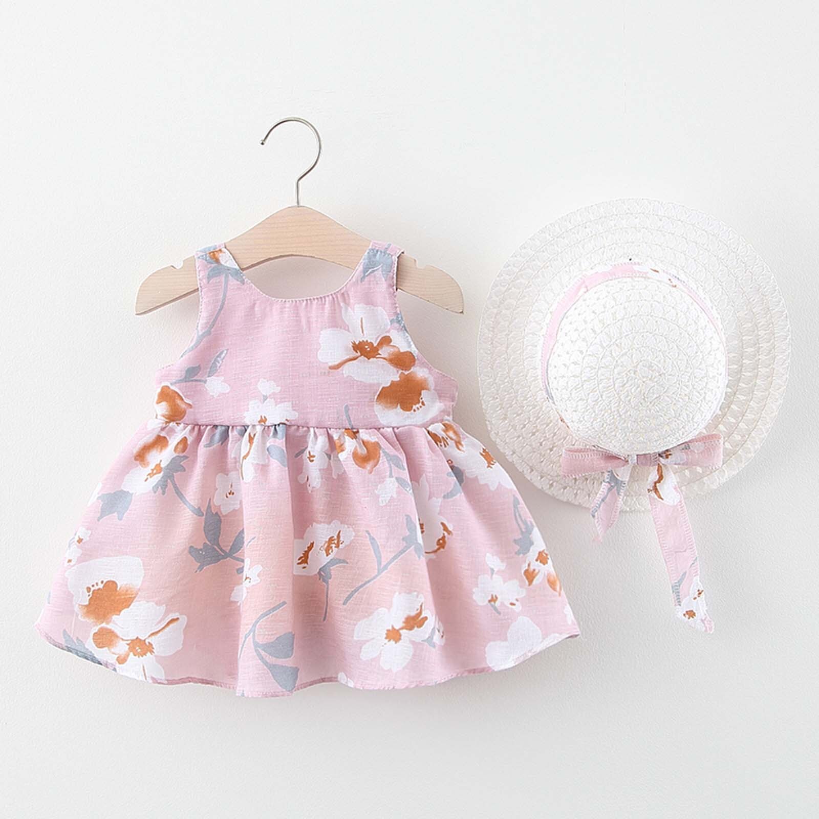 Toddler Kids Baby Girl Summer Bow Print Suspender Dress With Hat Dress for Girls Baby Girl Clothes Set Princess Dress for Girls