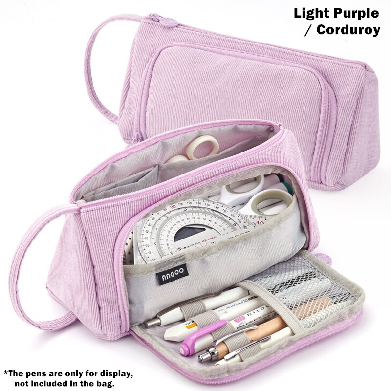 Angoo [Pure] Kleur Etui, Multi Slot Pen Zak, grote Opslag Pouch Organizer Voor Briefpapier Cosmetische Reizen Portemonnee A6443: Purple Corduroy