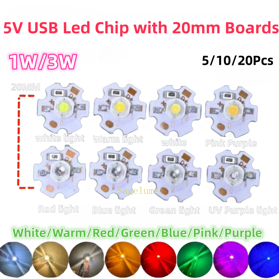 5/10/20Pcs 1W 3W 5V Led Light Beads with 20mm Lamp Board 5V USB LED Light Source Board 3W White Warm /Red/Green/Blue/Purple/Pink