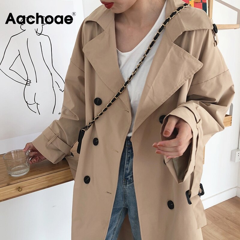 Aachoae Office Solid Trench Coat Women Batwing Long Sleeve Loose Lady Long Coat With Belt Casual Wide Waisted Trench