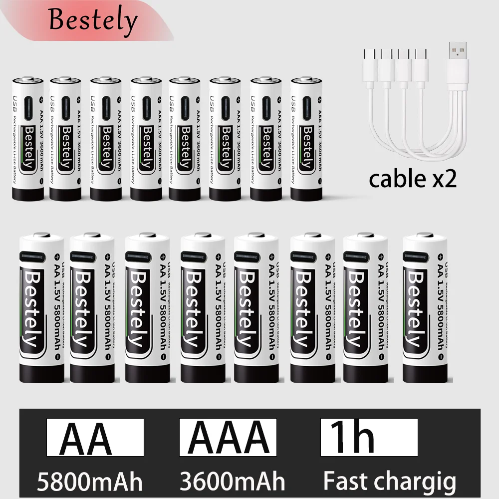 1.5V AA 5800mAh+AAA 3600mAh Lithium rechargeable Battery,USB Fast Charging Li-ion Battery , 2000 Cycles with USB- C Cable: Beige