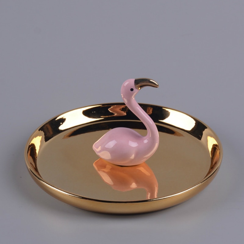 Narwaldate forgyldt keramisk flamingo ring smykkeholder fadorganisator display øreringe armbånd nøgle halskæde badeværelsesvask organiser