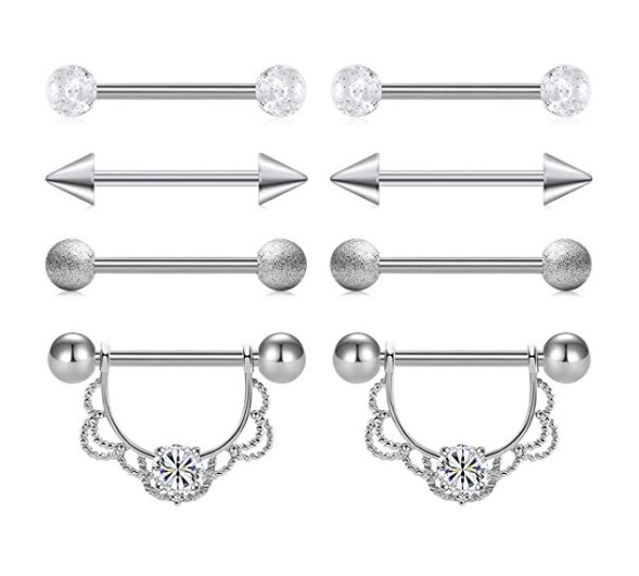 JFORYOU, 8 unidades, 14G, 316L, anillos de acero inoxidable para pezón, Piercing para pezón, barra de bola, CZ, Piercing corporal para mujer, 4 estilos: De oro y de color