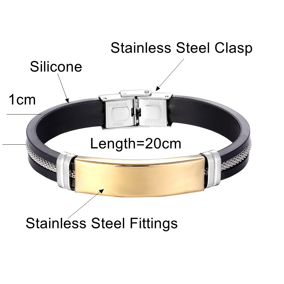 Nova Moda Homens de Aço Inoxidável Pulseira Do Punk preto de Borracha de Silicone Pulseiras Pulseiras com Cadeia pulseras hombre caucho