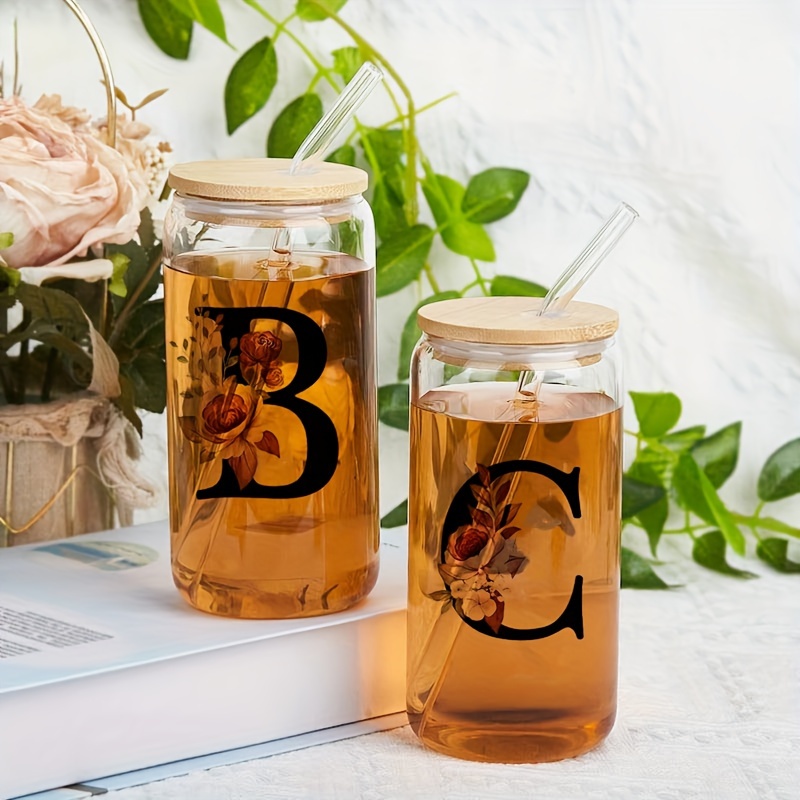 Alphabet Flowers Drinking Glass Letter A-Z Iced Coffee Water Juice Bottle Portable Clear Cup with Lid Straw Brush Birthday