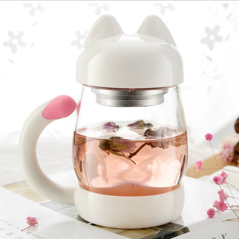 Portable Cute Cat Glass Personality Milk Mug,cup With Infuser Office Coffee Tumbler Breakfast Mugs,flower tea cup: 01