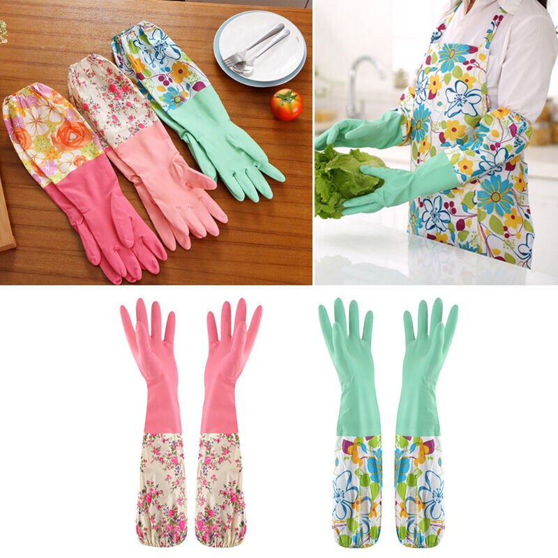 Reusable Rubber Latex Waterproof Dishwashing Gloves Long Cuff and Flock Lining Warm Household Cleaning Gloves Kitchen Tools