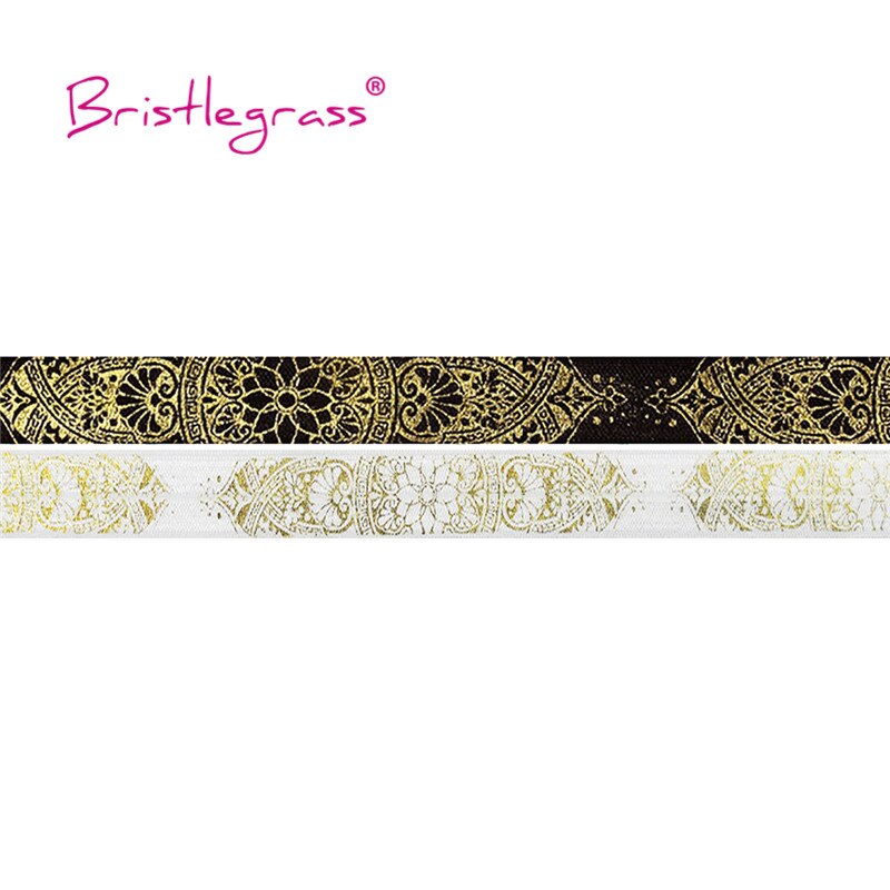 Bristlegrass 5 Yard 5/8 &quot;15Mm Gold Lotus Bloem Wijnstok Foliedruk Foldover Elastische Foe Spandex Band Hoofdband Tutu jurk Diy Naaien