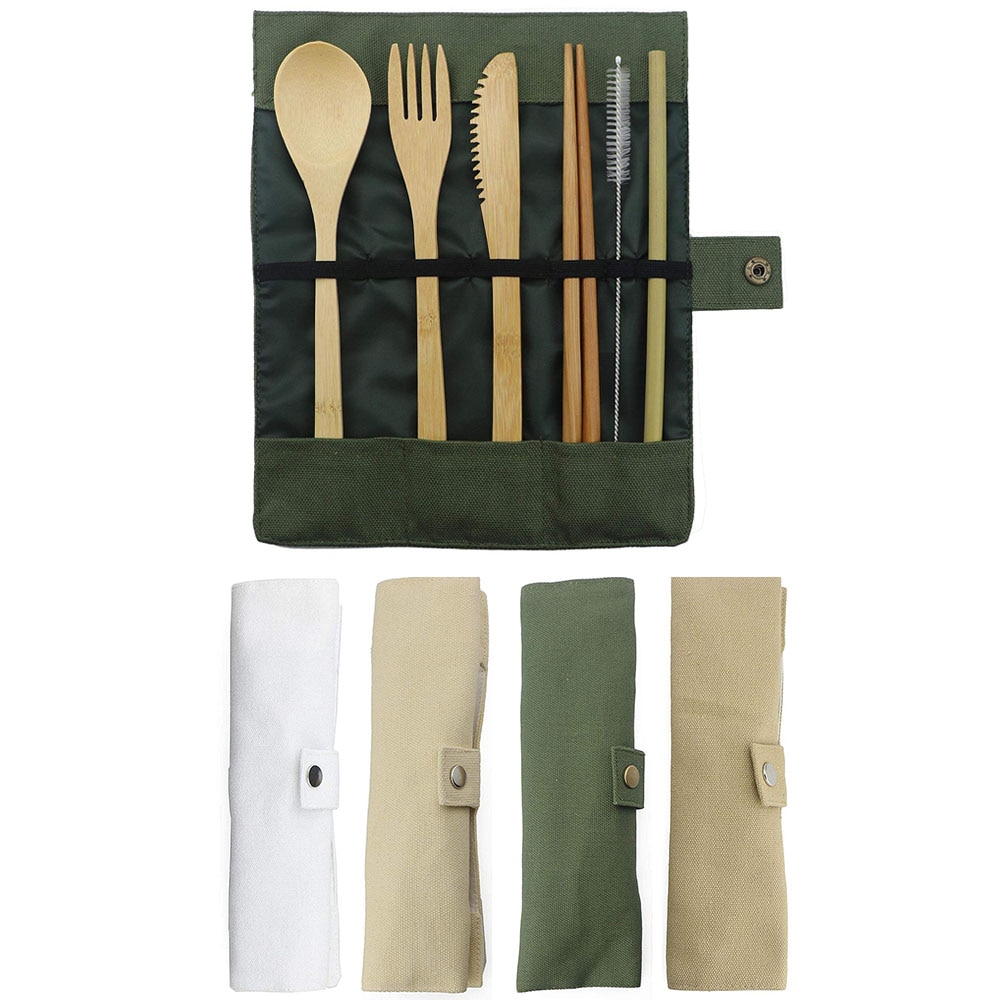 7-Piece Wooden Flatware Cutlery Set Bamboo Straw Set With Cloth Bag Knives Fork Spoon Chopsticks Travel
