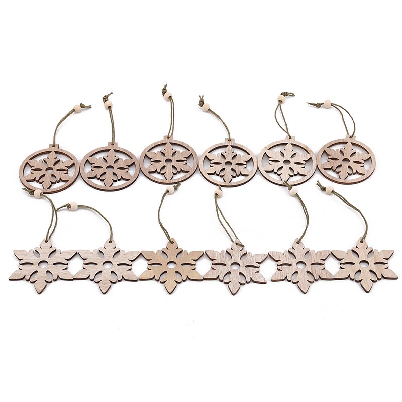 12pcs/Bag Wooden Hollow Out Christmas Snowflake Pendant Tree Decorations Xmas Angel Elk Star Wood Ornaments