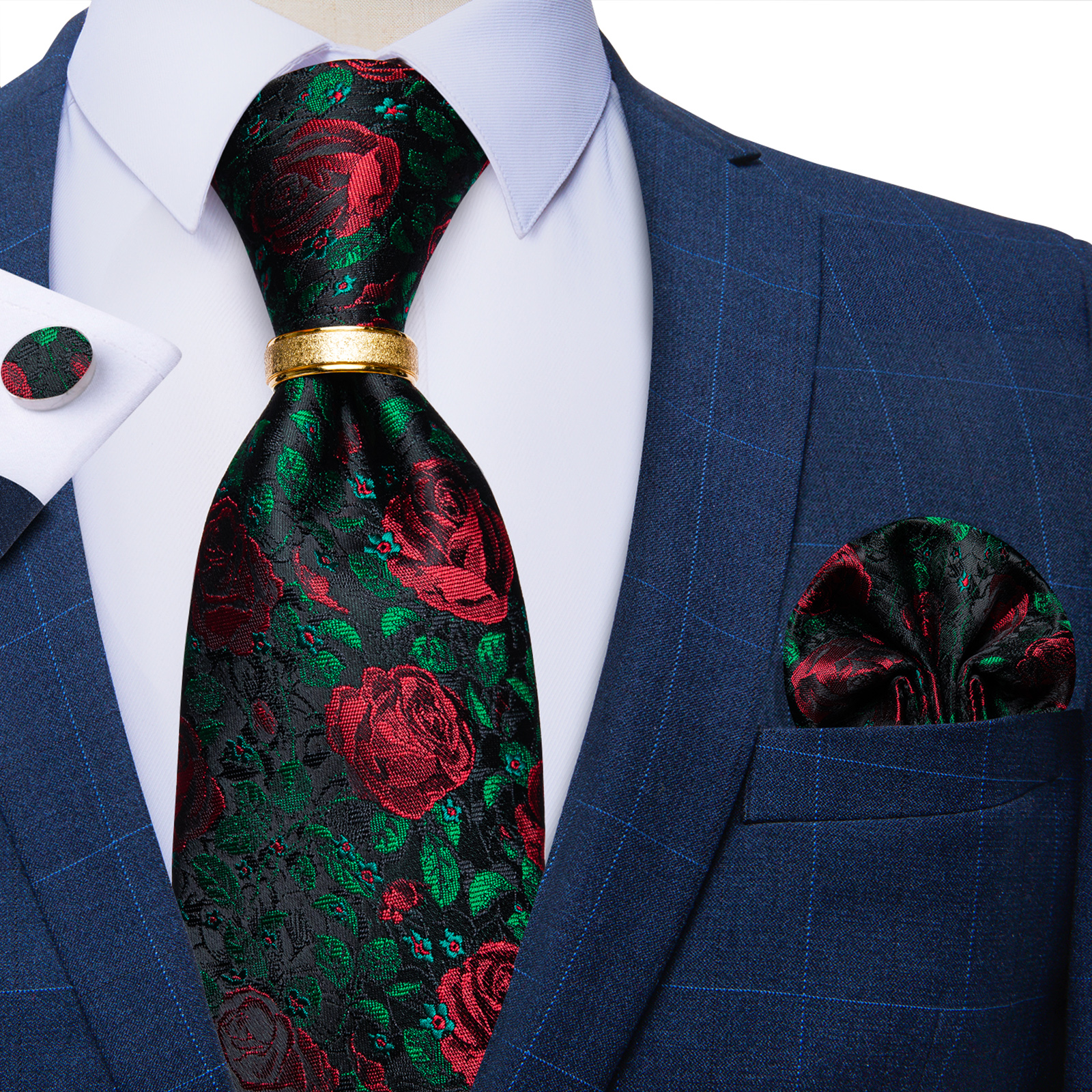 Corbata para hombre con anillo de Metal de Color dorado, conjunto de corbata de 8cm a la , pañuelo, gemelos, accesorios para de boda y negocios, para hombre: Azul