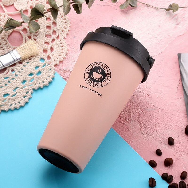 500ML Coffee Mug 304 Stainless Steel Travel Mug Double Wall Vacuum Insulated Tumbler Wide Mouth Tea Cup with Lid: Dark pink B