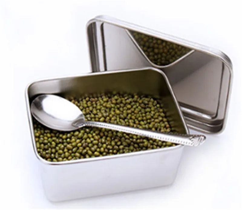 Japan Style Kitchen food Storage container Compartments Stainless Steel Seasoning box Containers with Lid Rectangle chef tools: light green