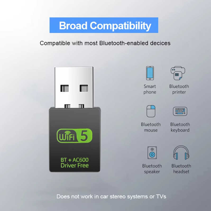 Adattatore Bluetooth WiFi USB 2 in 1 Adattatore dongle WiFi USB dual band da 600 Mbps Adattatore USB Bluetooth Scheda di rete wireless per PC
