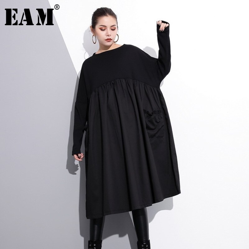 [Eam] Lente Ronde Hals Lange Mouw Zwart Big Size Pockets Vouw Split Joint Big Size Jurk vrouwen Mode Tij JE616