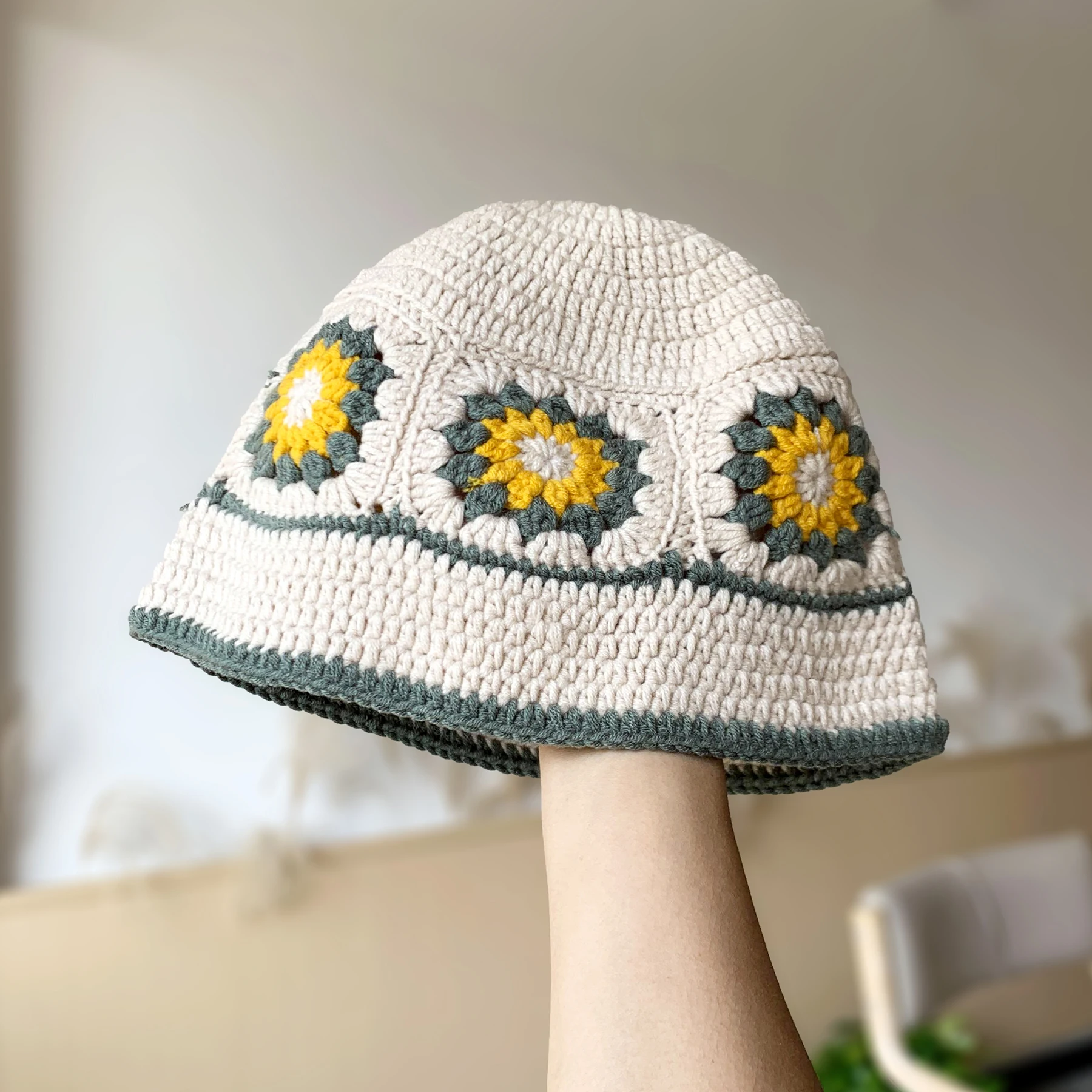 INS Korea Handmade Crochet Bucket Hats for Women Y2k Vintage Summer Beach Hat Flower Hollow Knitted Bob Sombreros Bonnet Caps: Yellow