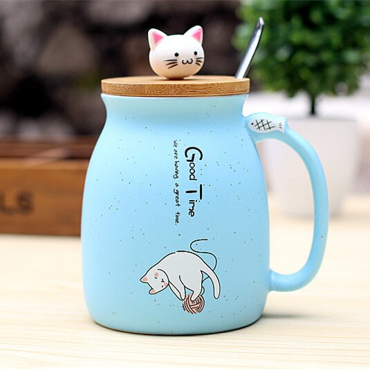 Joylove 450ml tegneserie keramik kat krus med låg og ske kaffe mælk te krus morgenmad kop drinkware nyhed: Blå