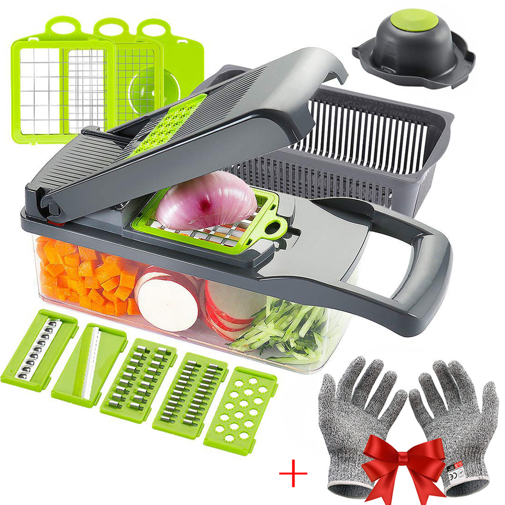 12 in 1 Multifunctional Mandoline Slicer Cutter Vegetable Choppers Adjustable Onion Potato Slicer Dicer Kitchen Vegetables Tools: Gray with Glove