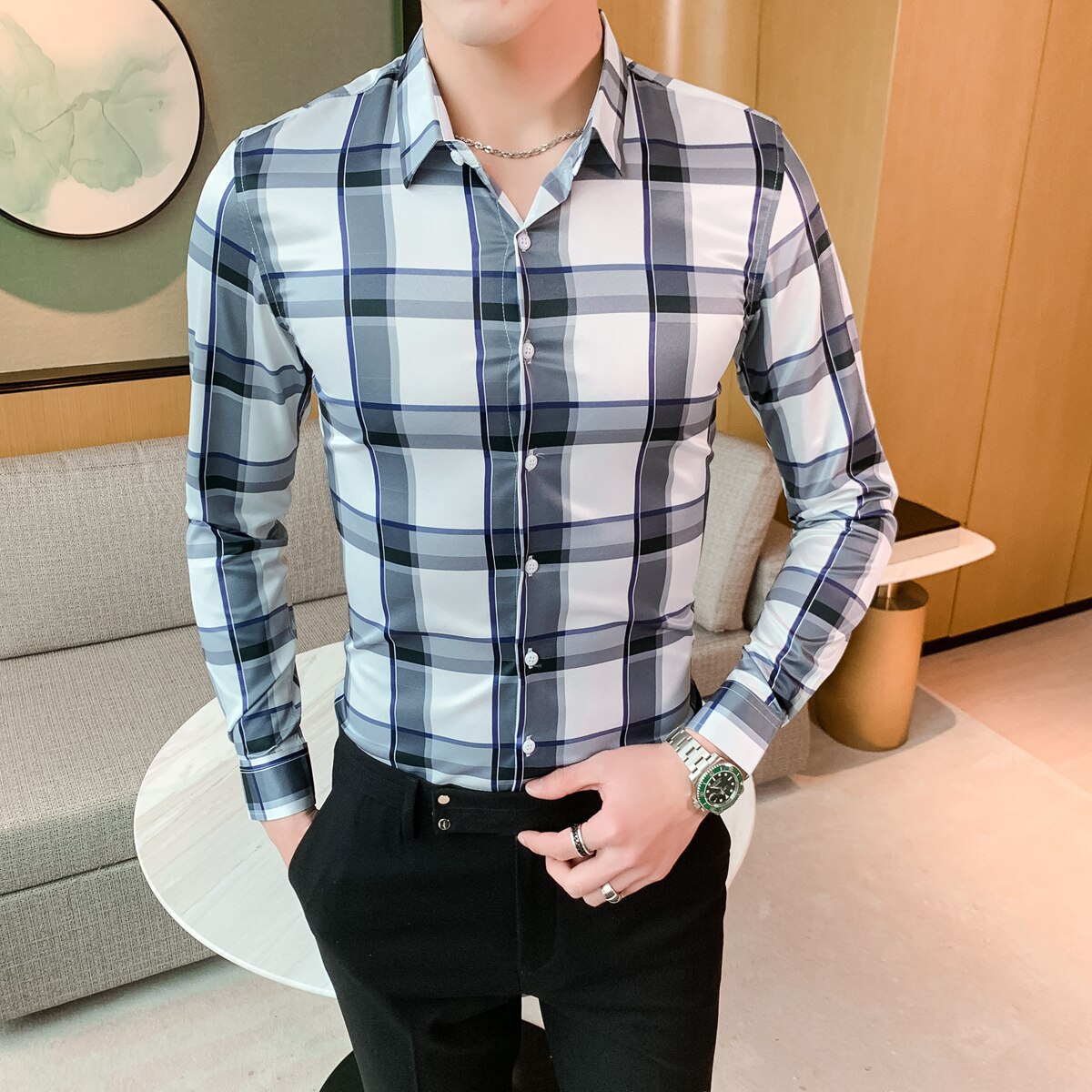 Formella fritidsskjortor 5xl koreanska herrkläder brittisk stil rutig skjorta herr vår slim fit rutig skjorta långärmad: Vit / Koreanska xxl 65-72kg