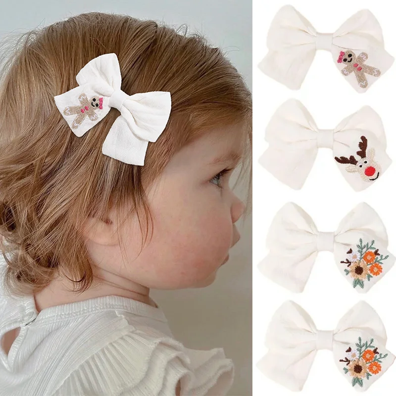 Oaoleer, 2 uds., pinzas para el cabello con lazos bordados para niñas, horquillas con lazo de alce y girasol, pasadores para niños, accesorios coreanos para el cabello