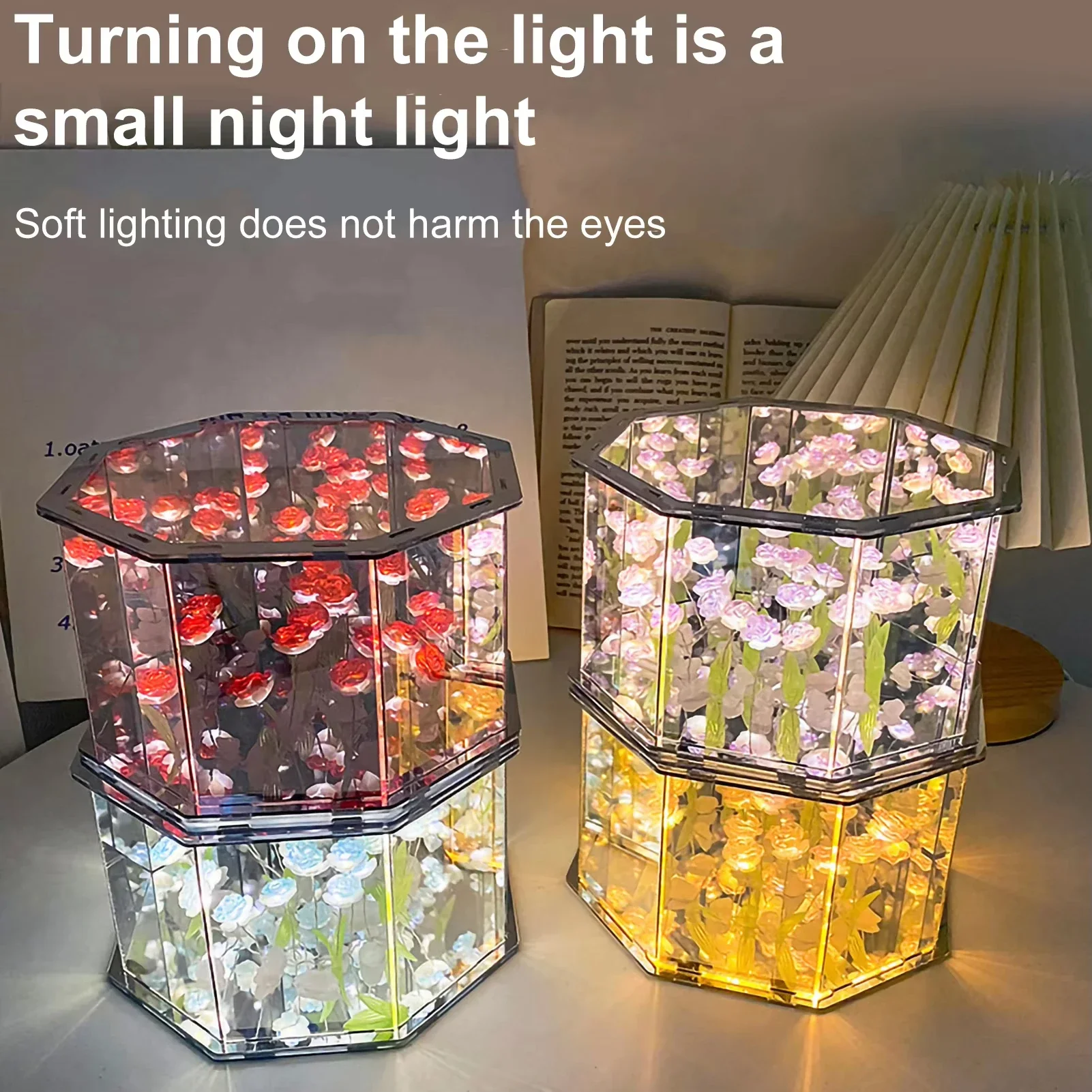 Diy tulipan nattlampe led dekorativ blomsternattlampe magisk kube bordlampe og speil til bilpynt jul