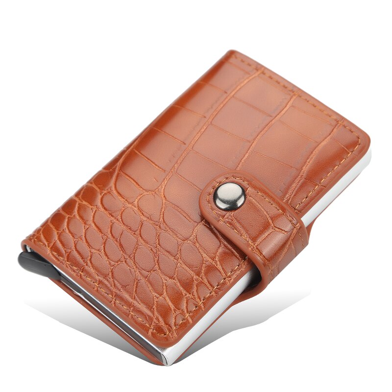 RFID Blocking Protection Men Wallet ID Credit Card Holder Leather Metal Aluminum Business Bank Cardholder Purse: 9132 Brown