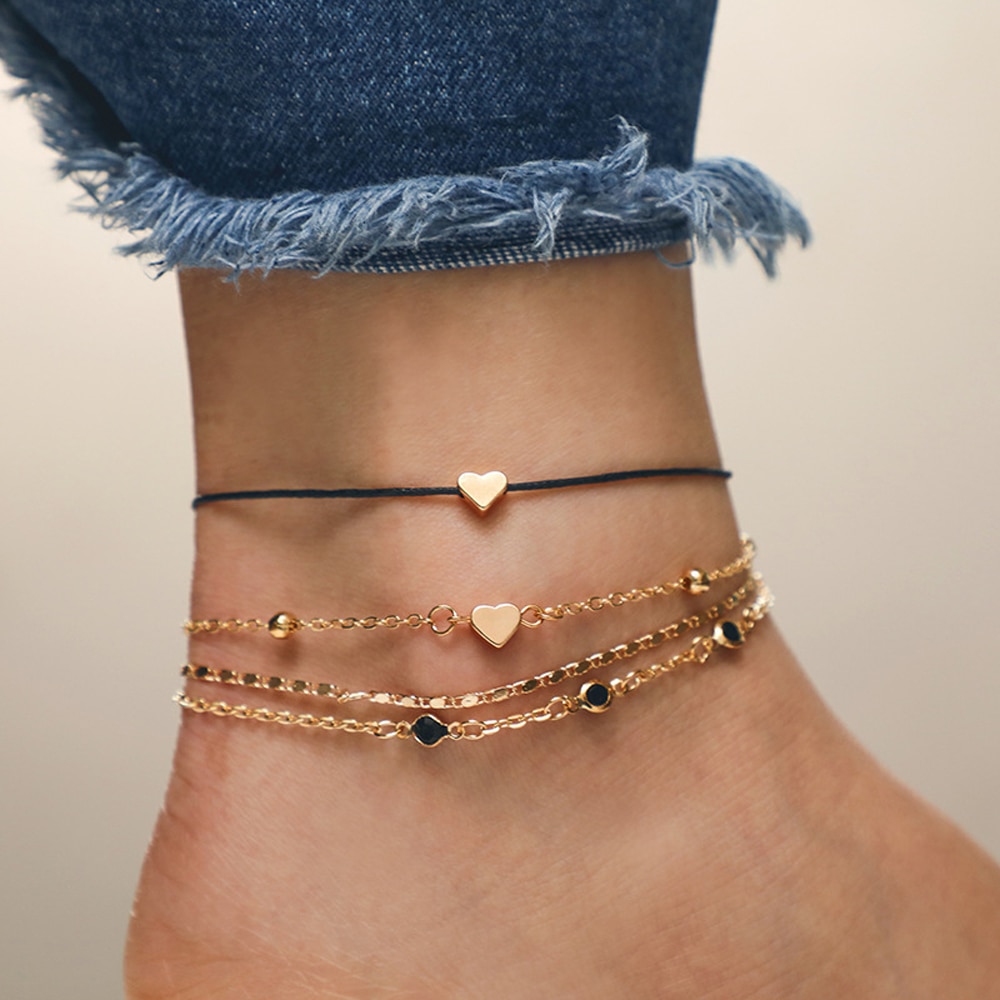 4PCS/Set Boho Gold Color Heart Anklets For Women Black Rope Chain Ankle Bracelet On The Leg Foot Jewelry