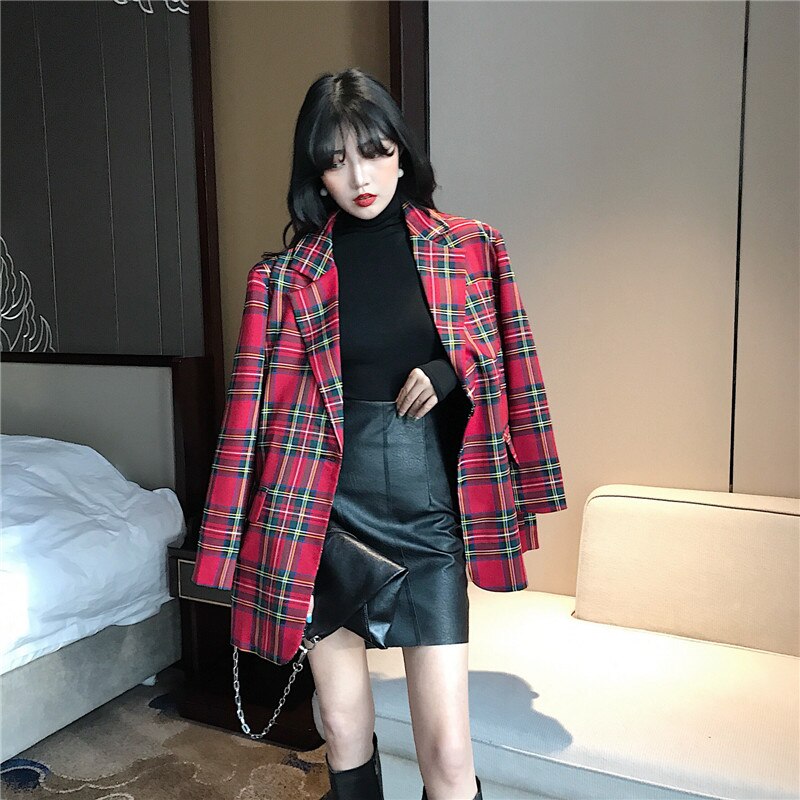 Blazer rouge à manches longues pour femmes, veste de costume ample, Chic, Vintage, Style coréen, Plaid, ceinture, Slim, C92, printemps