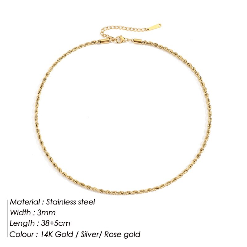 Collar de cadena de acero inoxidable para mujer y hombre, cadena trenzada de Color dorado, 3mm/4mm, joyería: 3MM  38CM / Silver Color