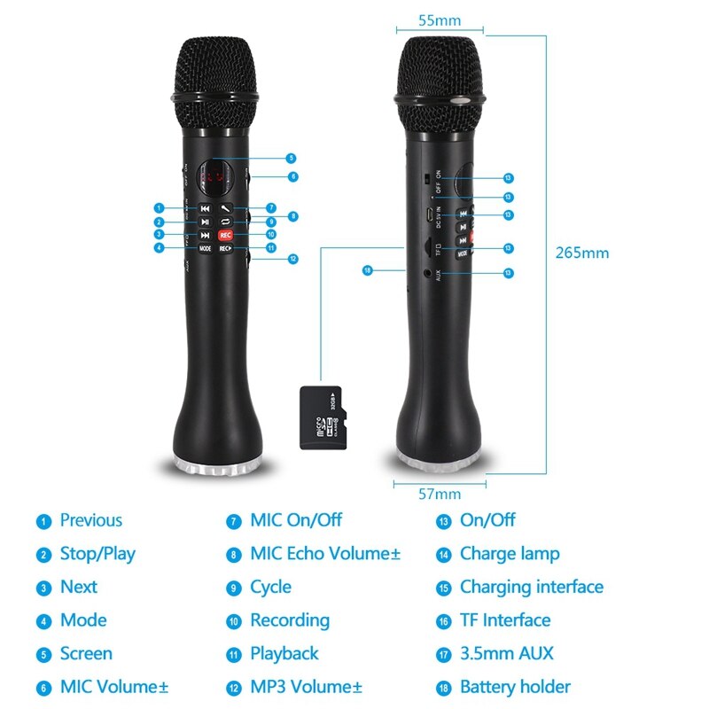 Micrófono de Karaoke , inalámbrico, portátil, Bluetooth, condensador de mano para teléfono Iphone