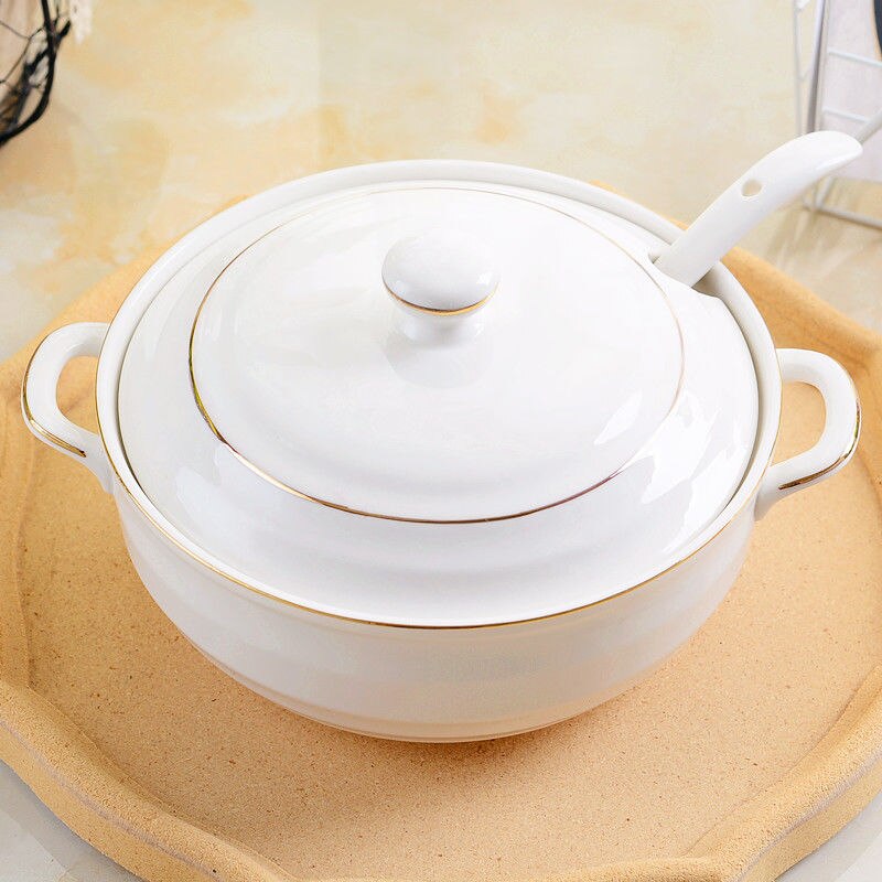 Tazón de sopa de cerámica de gran capacidad, olla de estofado Binaural para el hogar con tapa, Bol para arroz o sopa, tazón de sopa Phnom Penh, cuencos de servicio: 1.4L hole lid spoonB