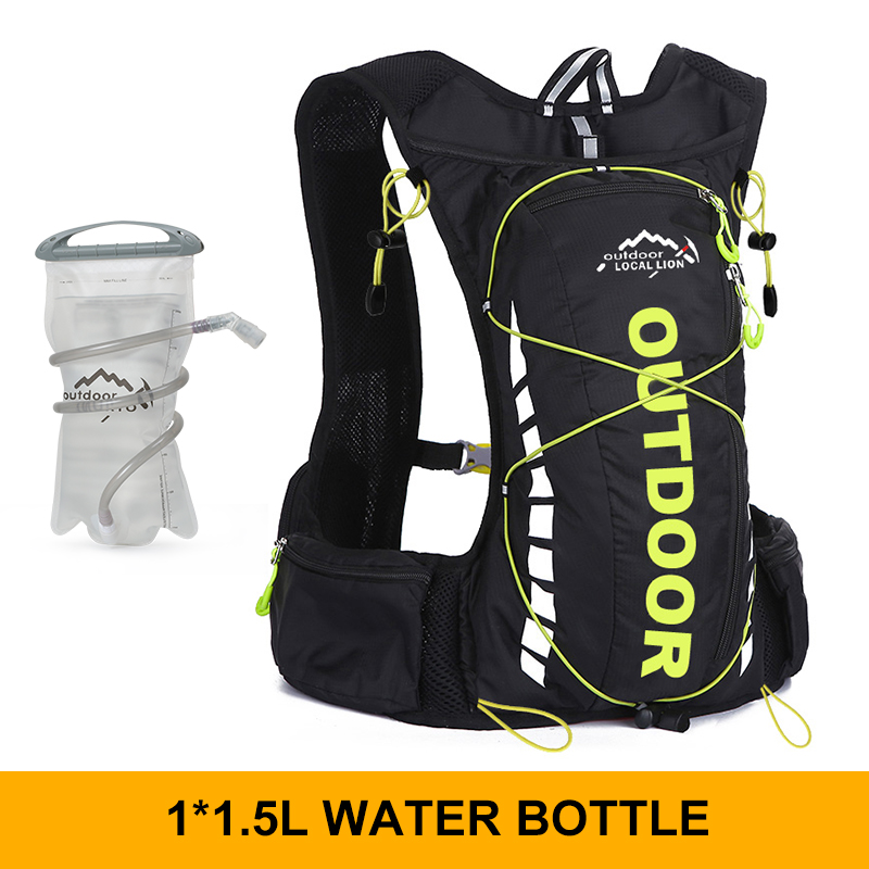 Cycling backpack for men and women, nylon bag, waterproof 8 liters, hiking and camping, 250ml water bottle with 1.5L water bag: black green1.5L