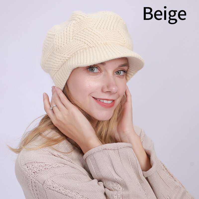 Gorro de punto para mujer, boina de lana de conejo cálida de terciopelo, informal, de , Color sólido, 10 colores, Otoño e Invierno: 7