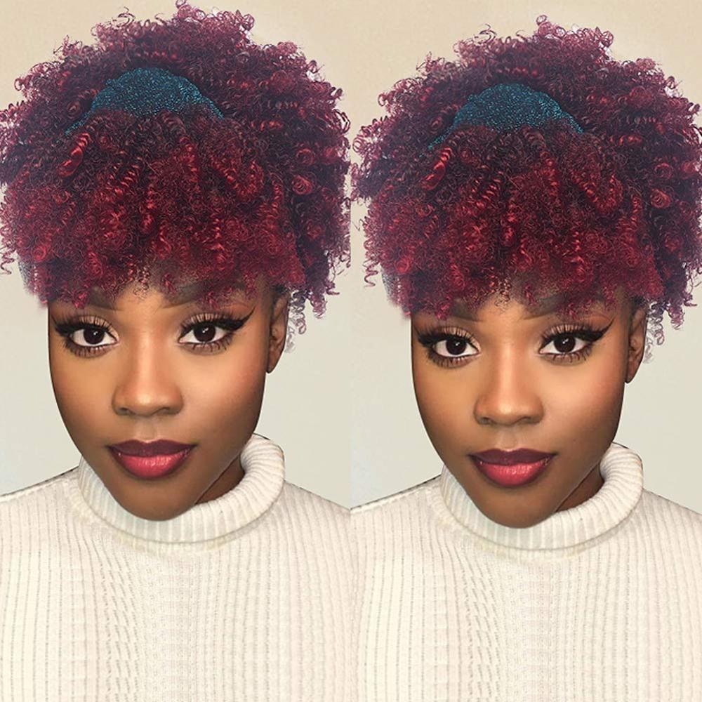 Afro Puff Turban Synthetic Wig Short Kinky Curly Headwrap Drawstring Wrap-wig 2 in 1 Updo Head-Wrap Wig for Black Women: #12