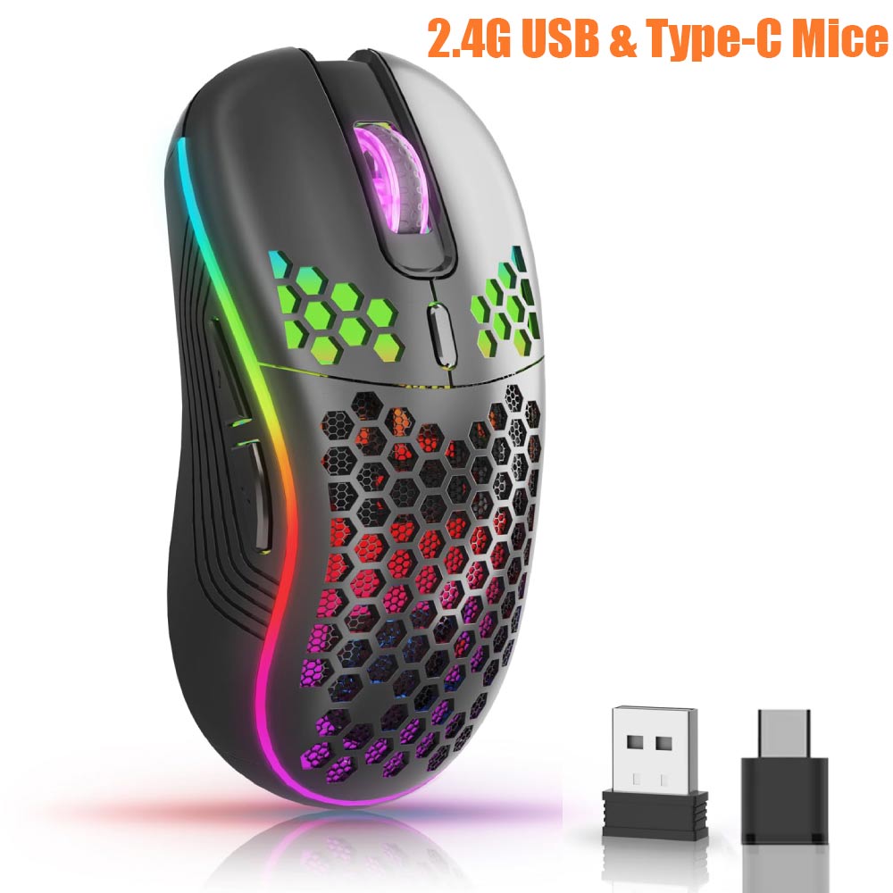2.4G USB en Type-C draadloze gamingmuis RGB-achtergrondverlichting Oplaadbare verstelbare DPI Ergonomische muizen voor pc Laptop Mac Android