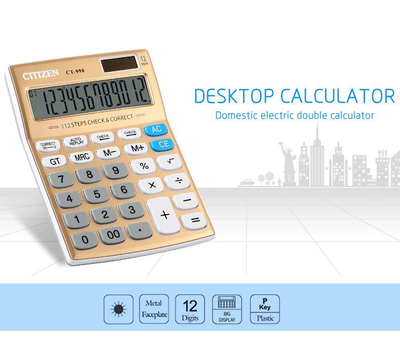 Ct-990 Golden White Calculator Desktop Computer Random Office Supplies 12 Digit Button Battery Abs Plastic Arithmetic Calculator