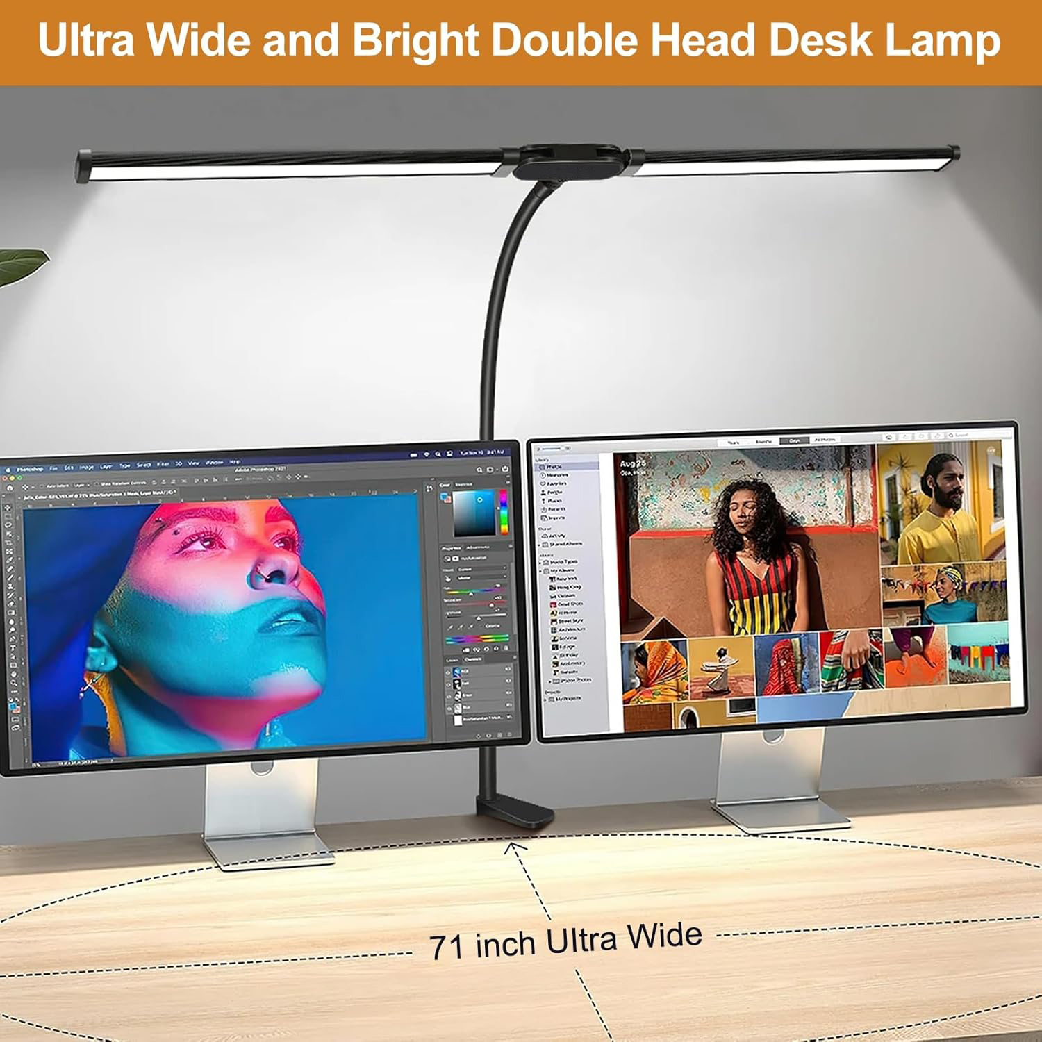 Home Office LED-bureaulamp met clip op dubbele kop Computermonitor Verstelbare en flexibele clip-on lamp met zwanenhalsontwerp