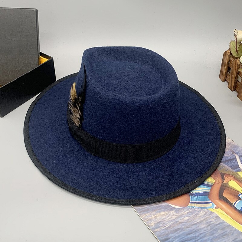 Men Women Retro Adjustable Blue Wool Blend Classical Homburg Hats Feather Band Fedora Caps Trilby Sunhat Jazz Winter Warm LM32
