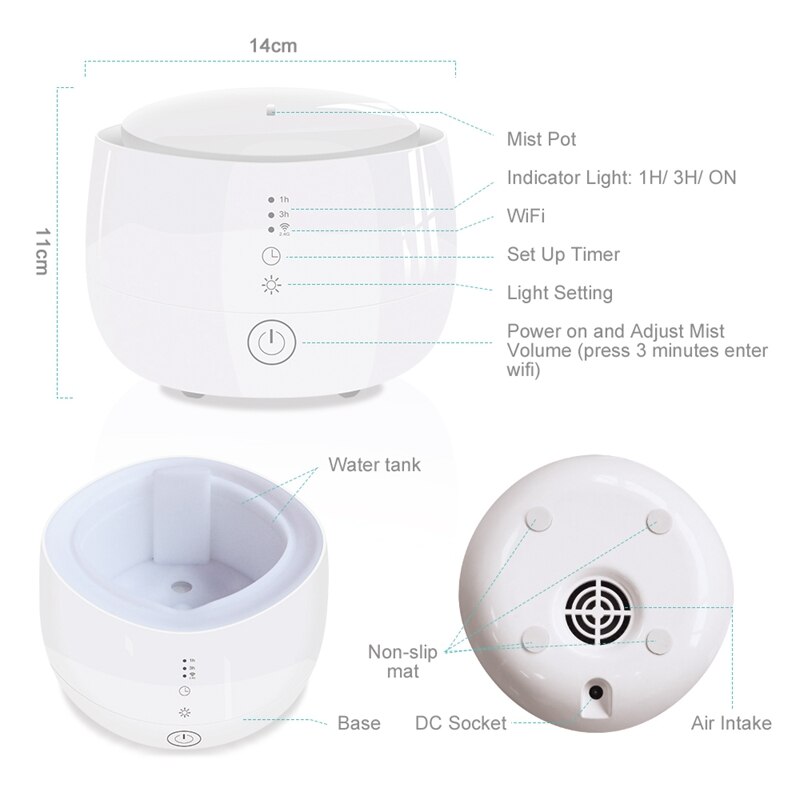 Humidificateur veilleuse Portable aromathérapie, humidificateur de bureau et de maison, contrôlable par application intelligente, prise ue