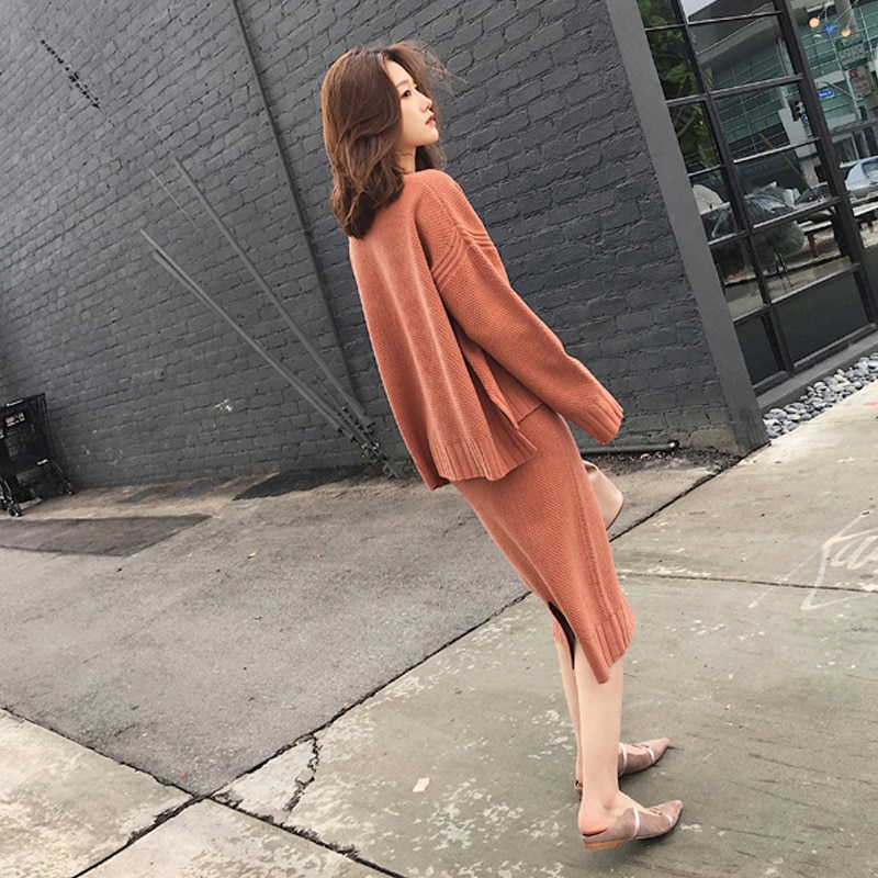 Women Solid Sweater and Skirt two Piece Set Female Loose Long Sleeve Knitted Pullovers Skirt Suits 2 piece sets womens outfits