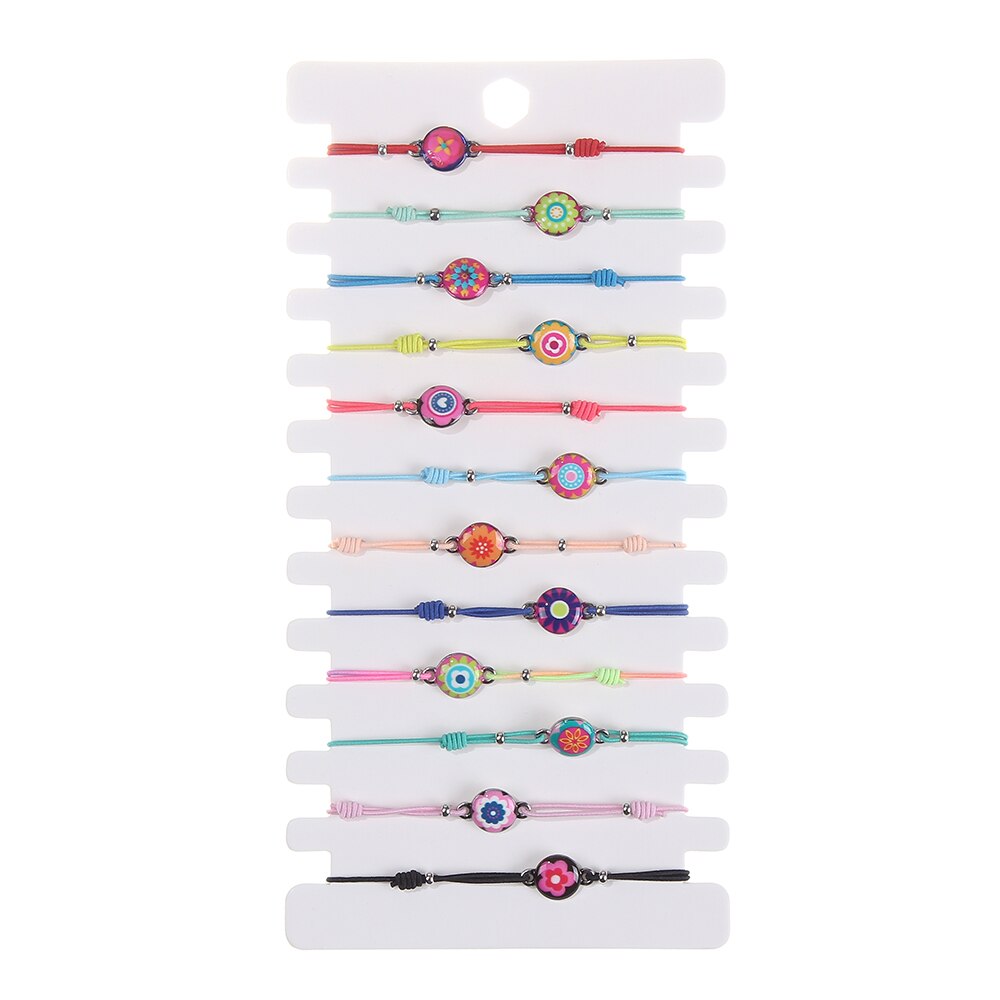Pulsera de cuerda trenzada con conchas de cristal para mujer, brazalete ajustable hecho a mano con de Calavera, mariposa y mal de ojo, 12 unids/lote: B2645--A
