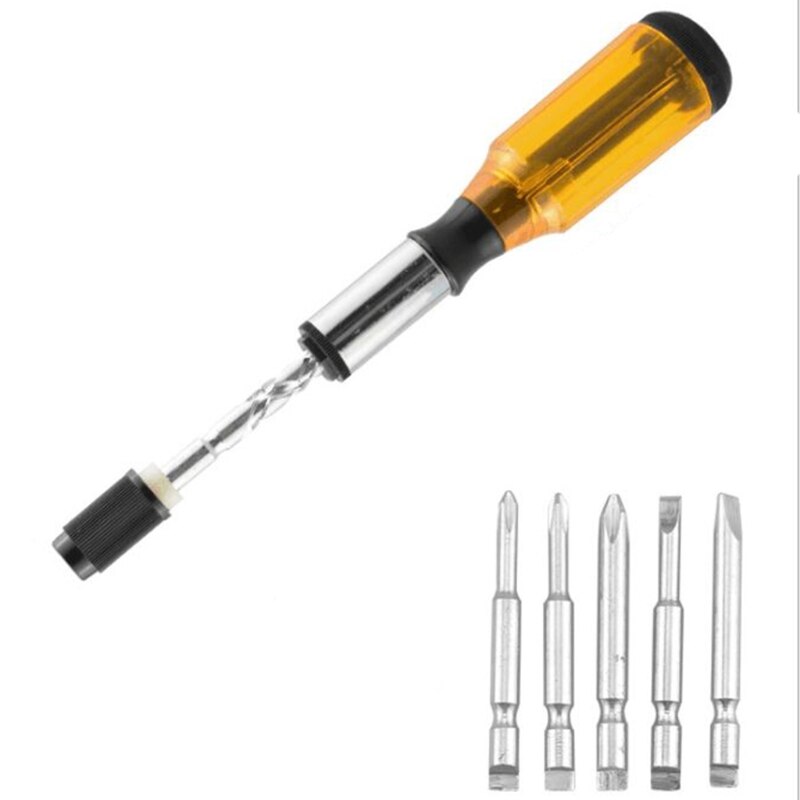 Push Pull Ratchet Screwdriver with 5 Screwdriver Heads Spiral Ratchet Screwdriver Multi Screwdriver Ratcheting Durable