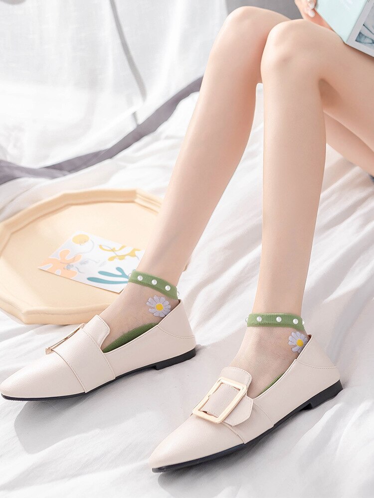 Breathable Thin Socks Women Summer Transparent Lace Socks with Pearl Lady Glass Silk Cotton Mesh Daisy Socks Nylon Ankle Socks