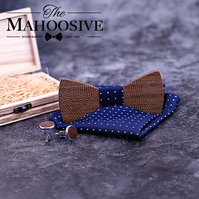 Conjunto de pajarita de madera a cuadros para hombre, conjunto de pajarita de madera a rayas, pañuelo y gemelos con caja de madera para hombre, de boda