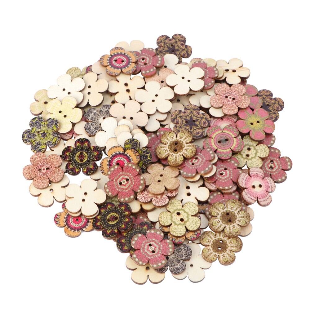 100pcs Exquisite Wooden Clothes Button DIY Decor Flower Button Accessory: Colorful