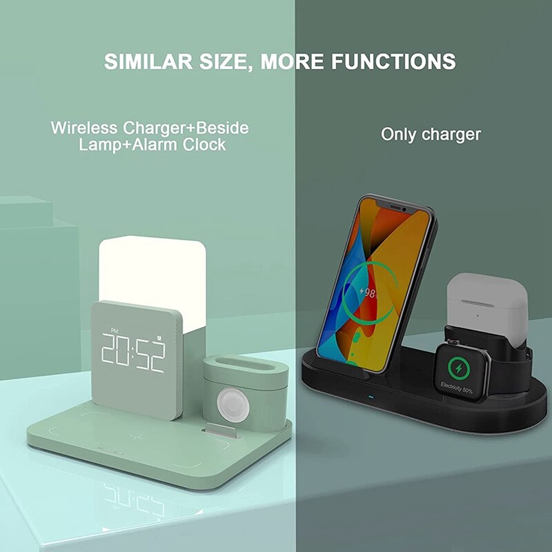 Estación de carga inalámbrica 6 en 1 con lámpara de mesita de noche y reloj despertador, 10W, Compatible con iPhone y Samsung